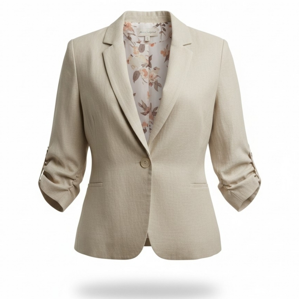 Jules & Leopold Beige Single-Button Ruched-Sleeve Blazer